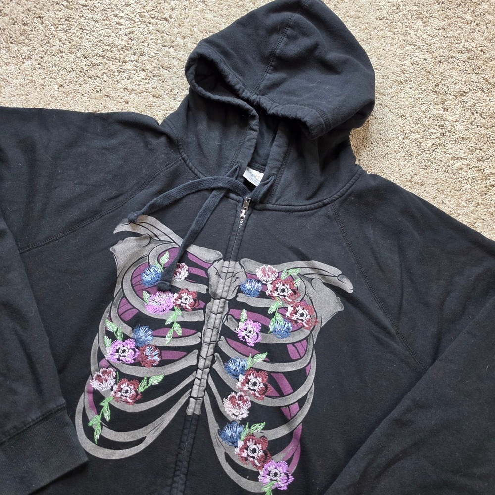 Torrid Skeleton Floral Hoodie Womens 4 Black Cotton Blend Goth Zip Up Sweatshirt